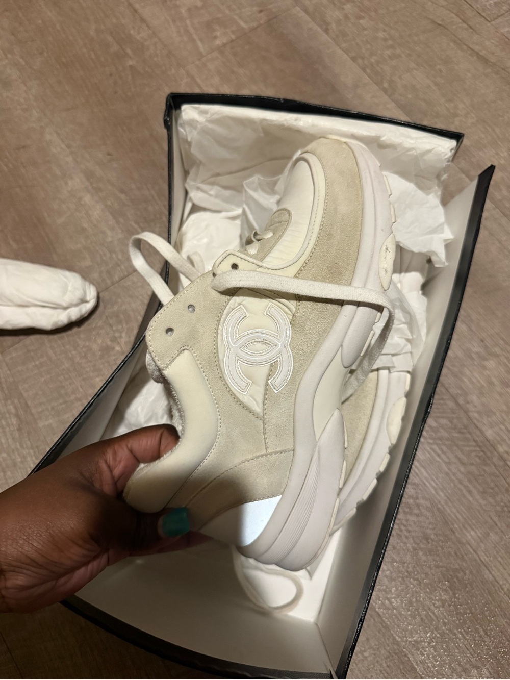 CHANEL Cream & White Suede Leather CC Logo Sneaker